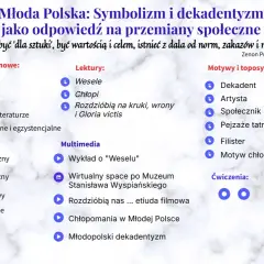 Młoda Polska: dekadentyzm, symbolizm, modernizm. Inne nazwy epoki to m.in. "Sztuka dla sztuki".