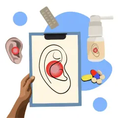 Ilustracja przedstawia różne metody leczenia bólu ucha: tabletki, spray, plaster z lekami i rysunek ucha z zaznaczonym bólem.