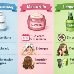 Diferencia entre mascarilla y acondicionador: el acondicionador es para uso diario y aclarado, la mascarilla para nutrición intensa 1-2 veces/semana.