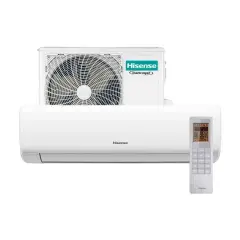Biały klimatyzator Hisense z jednostką zewnętrzną i pilotem na białym tle.