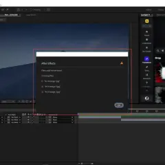 After Effects shows missing files error, indicating how to relink files in After Effects.