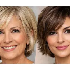 Due donne sorridono, una con capelli biondi e l'altra con capelli castani. Entrambe sfoggiano un taglio di capelli fresco e moderno.