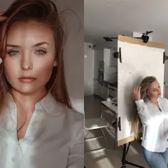 Piękna blondynka w białej koszuli podczas sesji zdjęciowej w domu. Pomysły na domowe fotografie.