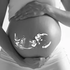 Gravid vecka 6 ultraljud projicerat på en gravid mage. En hand vilar på magen, en ring syns på fingret.