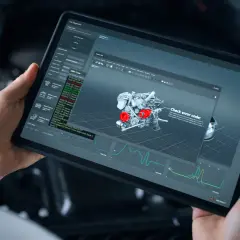 Mechanik analizuje dane z jaki komputer diagnostyczny, wyświetlające schemat silnika i kody błędów.