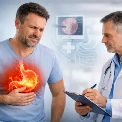 Uomo con bruciore di stomaco, medico che prende appunti. Illustrazione di stomaco in fiamme e sistema digestivo. Rimedi per l'acidità di stomaco.