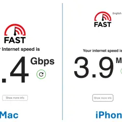 Porównanie prędkości transmisji danych: Mac 1.4 Gbps, iPhone 3.9 Mbps.