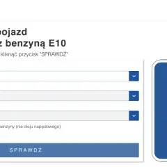 Strona Ministerstwa Klimatu i Środowiska pozwala sprawdzić kompatybilność pojazdu z benzyną E10. Widoczny symbol stacji paliw z napisem E10.