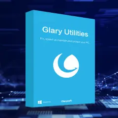 Glary Utilities: eine blaue Box mit dem Logo und dem Slogan "Fix, speed up, maintain, and protect your PC.