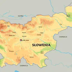 Mapa Słowenii, pokazująca jej położenie między Austrią, Włochami, Węgrami i Chorwacją, z zaznaczonymi miastami jak Lublana.