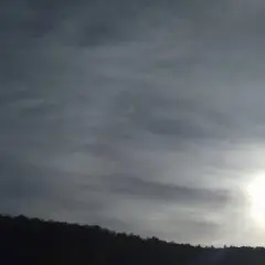 Słońce przebija się przez cienką, włóknistą warstwę cirrostratus chmura, oświetlając sylwetkę lasu na wzgórzu.
