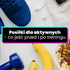 Niebieskie buty sportowe, hantle, miska owsianki z owocami i orzechami, jabłko i butelka wody.