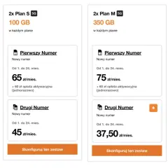 Kody Orange: oferty abonamentowe 2x Plan S, M, L z różnymi pakietami danych i cenami. Wybierz swój zestaw!