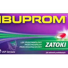 Opakowanie Ibuprom Zatoki, leku przeciwbólowego, przeciwzapalnego i przeciwgorączkowego, z wizerunkiem głowy i tabletki.