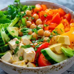 Salade colorée de pois chiches, concombre, poivrons, tomates et tofu en dés.