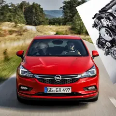 Czerwona Opel Astra Turbo pędzi po krętej drodze, a obok widok jej mocnego silnika.