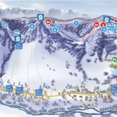 Mapa wyciągów narciarskich w Bukowinie Tatrzańskiej. Widoczne trasy, wyciągi (oznaczone numerami) i punkty obsługi Ski Bus.