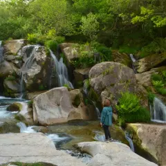 Una persona observa la hermosa fervenza de Noveira, con cascadas cayendo entre rocas cubiertas de musgo y vegetación exuberante.