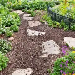 Sentiero in pietra attraverso un giardino fiorito, con pacciamatura che ne evidenzia il significato di cura e bellezza naturale.