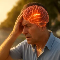 Mężczyzna z bólem głowy, świecący mózg symbolizuje odwodnienie objawy neurologiczne.