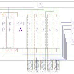 Schemat podłączenia rozdzielnicy elektrycznej. Widać bezpieczniki, listwy zaciskowe i oznaczenia obwodów.