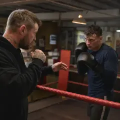 A boxer trains with his coach in a boxing ring. The coach, with tattoos on his arms and neck, demonstrates a move. The boxer, wearing gloves, listens intently. This is a scene of dedication and the pursuit of the perfect box weight.