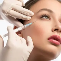 Delikatna aplikacja baby botox w okolicę oka. Dłoń w rękawiczce trzyma strzykawkę, wykonując zabieg.