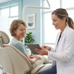 Dentystka w białym fartuchu pokazuje coś na tablecie pacjentce siedzącej na fotelu dentystycznym.