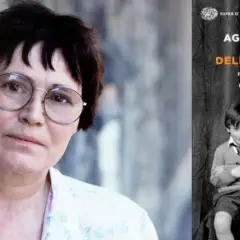 Ritratto di Agota Kristof accanto alla copertina de "La trilogia della città di K.", che narra le vicende di due gemelli.