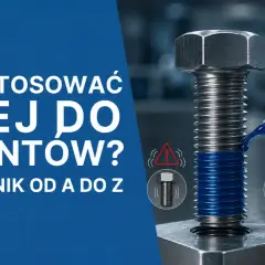 Niebieski klej do gwintów nakładany na śrubę. Poradnik "Jak stosować klej do gwintów?".