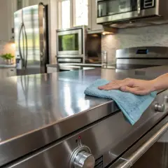 Mano limpiando una encimera de acero inoxidable con un paño azul. El proceso de limpiar metal en esta cocina moderna es clave para su brillo.