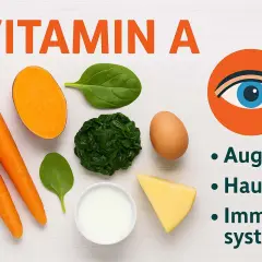 Karotten, Süßkartoffel, Spinat, Ei, Käse und Milch – Lebensmittel reich an Vitamin A für gesunde Augen, Haut und Immunsystem.