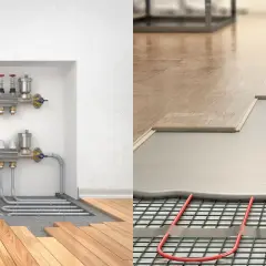 Système de chauffage par le sol : le réglage température plancher chauffant est assuré par un collecteur et des tuyaux intégrés sous le parquet.