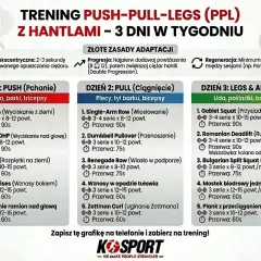 Plan treningowy PUSH PULL LEGS z hantlami na 3 dni. Dzień 1: PUSH (klatka, barki, tricepsy), Dzień 2: PULL (plecy, tył barku, bicepsy), Dzień 3: LEGS & ABS (uda, pośladki, brzuch).