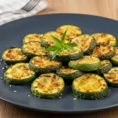 Assiette de courgettes au four, grillées à la perfection, garnie d'une touche de verdure. Un délice simple et sain.