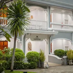 Elegancki hotel Paradise 2026 z palmą i bujną zielenią przed wejściem.