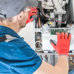 Instalator sprawdza piec gazowy. Dobry piec gazowy do domu 120m2 to klucz do komfortu.