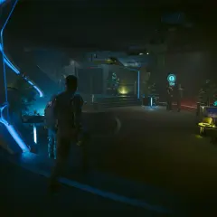 Wnętrze klubu w stylu cyberpunk. Widać neonowe światła, ludzi w futurystycznych strojach i menu "Dzień próby".