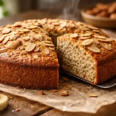 Un délicieux gâteau sans sucre, garni d'amandes effilées, avec une part servie sur une pelle.
