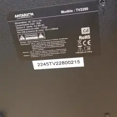 Arrière d'une TV Antarion avec étiquette technique et ports de connexion.