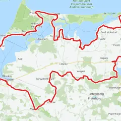 Mapa z zaznaczonymi trasami rowerowymi w Niemczech, wiodącymi przez malownicze wybrzeże i tereny nad Zatoką Bodenską.