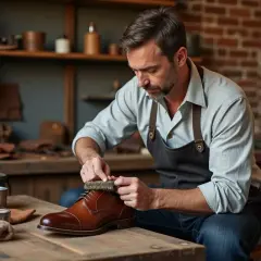 Un homme nettoie une chaussure en cuir marron avec une brosse. Il sait comment enlever du cirage sur des chaussures en cuir.