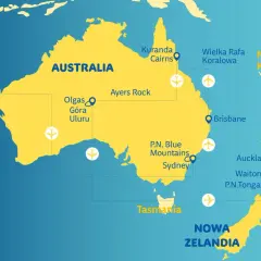 Mapa pokazuje Australię i Nową Zelandię. Z Dubaju (ZEA) można polecieć do wielu miejsc, w tym do Nowej Zelandii.