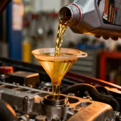 Un mécanicien verse de l'huile neuve dans le moteur d'une voiture essence lors d'une vidange.