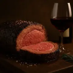 Un rôti de viande rouge juteux, parfaitement assaisonné, accompagné d'un verre de vin rouge. Un délice pour les sens.
