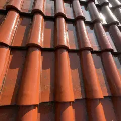 Wilgotne, pomarańczowe dachówki betonowe z widocznymi zaciekami i przebarwieniami, które wyjaśniają, dlaczego dachówka betonowa z czasem traci kolor i obrasta mchem.