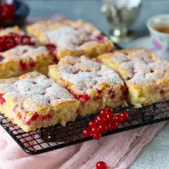 Saftiger Johannisbeer Kuchen, mit Puderzucker bestäubt, auf einem Gitterrost, daneben eine Tasse Kaffee und frische Johannisbeeren.