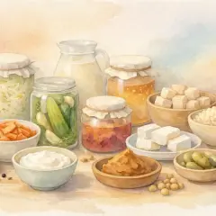 Vielfalt an fermentierten Lebensmitteln: Sauerkraut, eingelegte Gurken, Miso, Tofu, Joghurt und mehr.