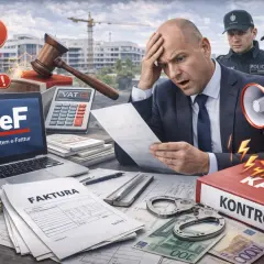 Zestresowany mężczyzna z dokumentami, obok laptop KSeF, kalkulator VAT, kajdanki i książka "KONTROLA KARY". Wygląda na to, że czeka go kontrola, a faktura nie VAT może być problemem.