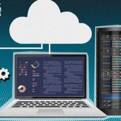 Illustration d'un cloud, d'un serveur et d'un ordinateur portable affichant des données, symbolisant des systèmes d'information interconnectés.